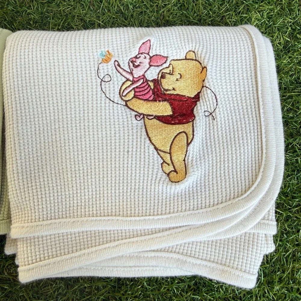 Vtg 90s Disney Winnie the Pooh Piglet Waffle Knit Baby Blanket Set 28x24 Kidcore
